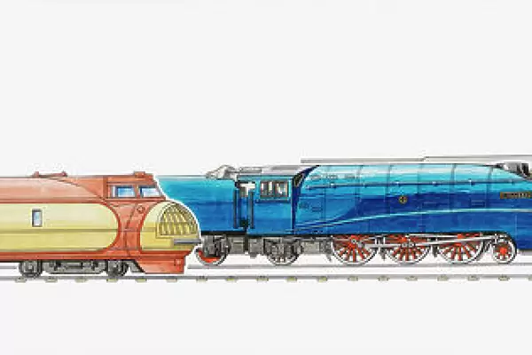 Illustration of 1934 M-10000 internal combustion engine (USA), 1938 4468 Mallard, 1941 Big Boy Steam locomotive (USA)