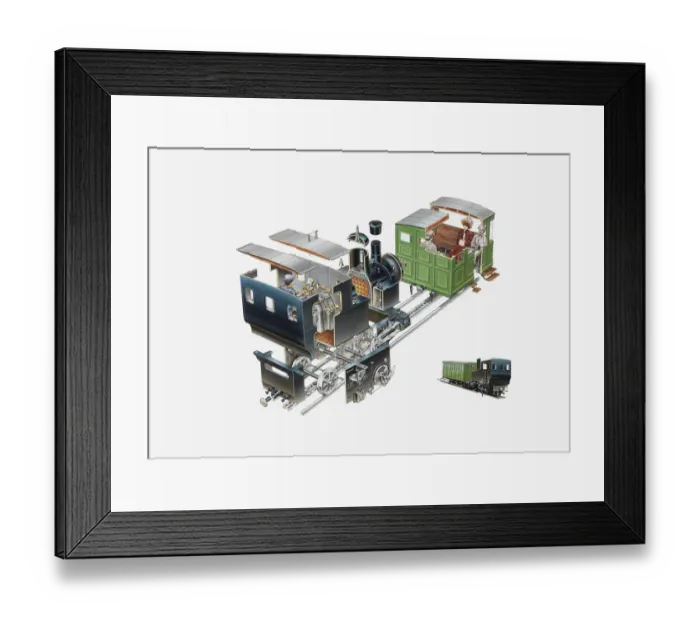 Framed Print : Cross section illustration of Rack Rail locomotive and passenger carriage, and inset Framed Print : Cross section illustration of Rack Rail locomotive and passenger carriage, and inset