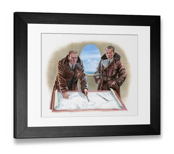 Framed Print : Illustration of two men pointing at route through Polar region on map inside airship Framed Print : Illustration of two men pointing at route through Polar region on map inside airship