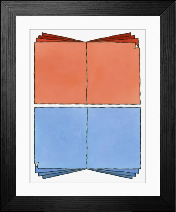 Framed Print : Illustration of blank orange and blue open pages, folded at two corners Framed Print : Illustration of blank orange and blue open pages, folded at two corners