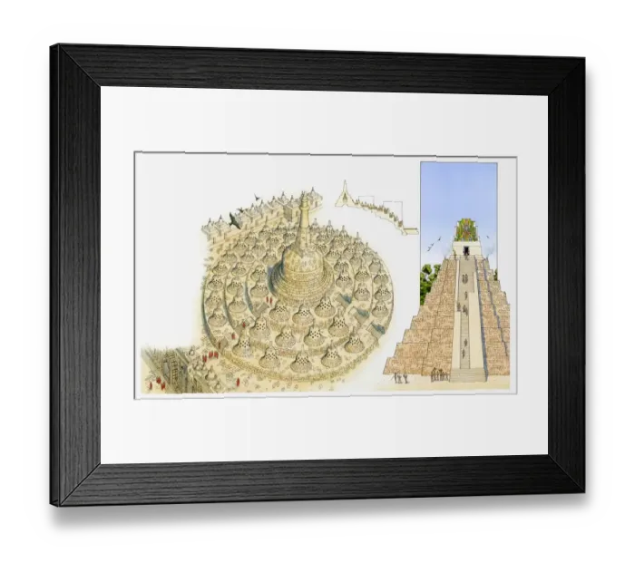 Framed Print : Illustration of Borobodur situated on hill in Java, and Temple of the Giant Jaguar in the Guatemala Framed Print : Illustration of Borobodur situated on hill in Java, and Temple of the Giant Jaguar in the Guatemala