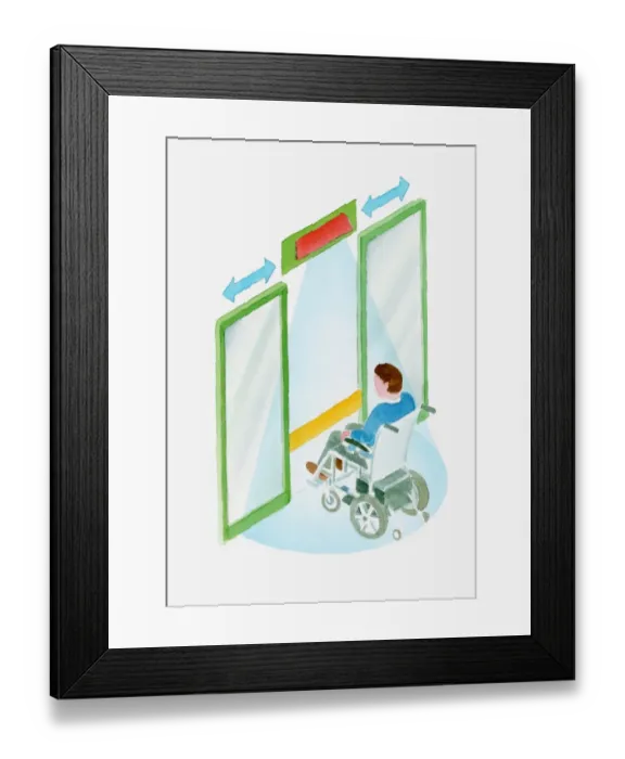 Framed Print : Illustration of a man in a wheelchair approaching an automatic door with sensor beam