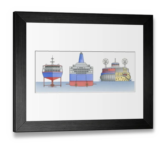 Framed Print : Illustration of hydrofoil, car ferry and hovercraft, the latter also showing the mechanism of the fan, air movement and propeller Framed Print : Illustration of hydrofoil, car ferry and hovercraft, the latter also showing the mechanism of the fan, air movement and propeller