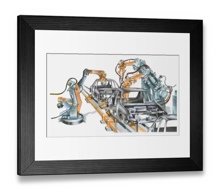 Framed Print : Illustration of conveyor belt and machinery in car factory Framed Print : Illustration of conveyor belt and machinery in car factory