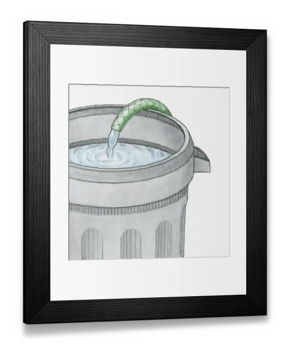 Framed Print : Illustration of filling barel with water using hosepipe Framed Print : Illustration of filling barel with water using hosepipe