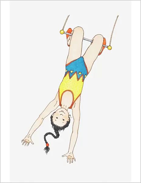 Illustration of acrobat hanging from a swing