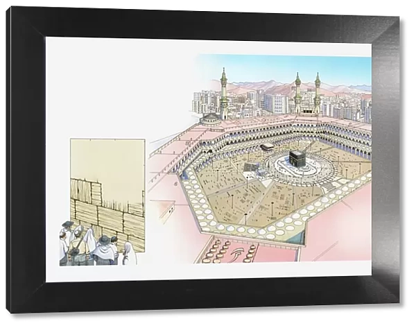 Illustration of the city of Mecca in Saudi Arabia and the Wailing Wall in the Old City of Jerusalem