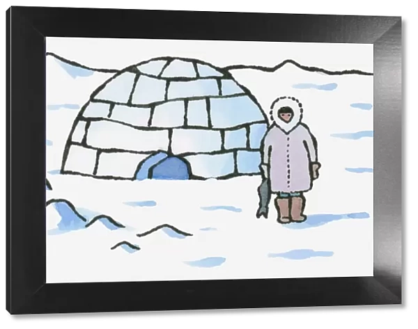 Illustration of Inuit standing outside igloo holding fish