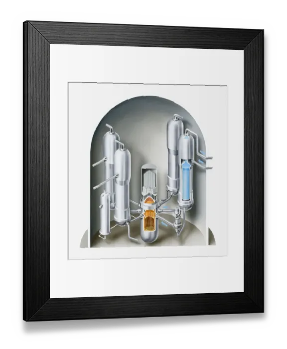 Framed Print : Illustration of nuclear fission reactor showing the water pressuriser, control rod mechanism, core, coolant pump, steam generator
