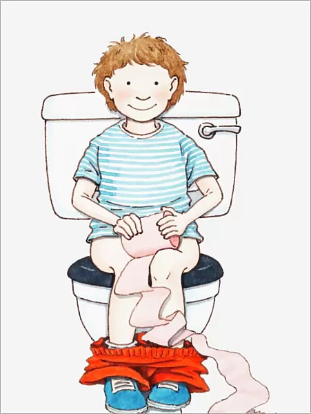 Illustration of child sitting on toilet holding roll of toilet paper