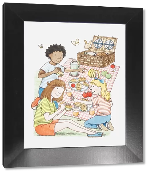 Illustration of three children having a picnic