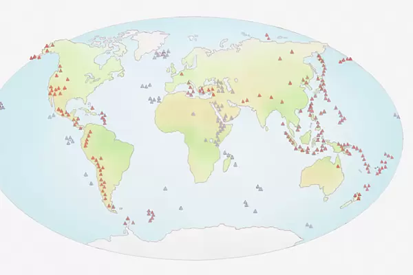 Illustration of world map showing sites of volcanic activity