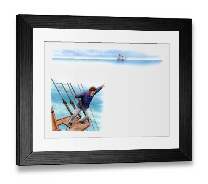 Framed Print : Illustration of sailor on the Ellen Austin leaning out over side of lookout post and pointing out at ghost ship in distance Framed Print : Illustration of sailor on the Ellen Austin leaning out over side of lookout post and pointing out at ghost ship in distance