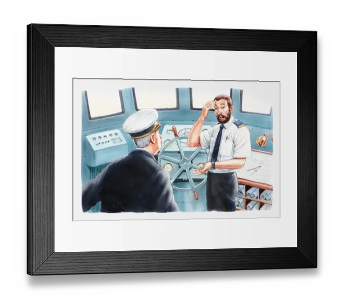 Framed Print : Illustration of captain talking to officer standing at helm on bridge of ship Framed Print : Illustration of captain talking to officer standing at helm on bridge of ship