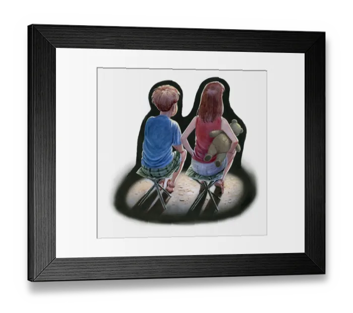 Framed Print : Illustration of boy and girl sitting side by side on fold-away stools, the girl with a teddy under her arm, rear view Framed Print : Illustration of boy and girl sitting side by side on fold-away stools, the girl with a teddy under her arm, rear view