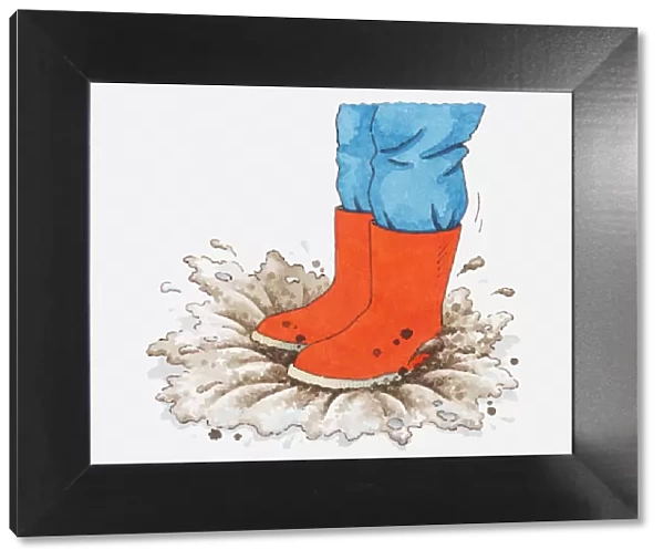 Illustration of person in red wellington boots stepping into puddle of mud