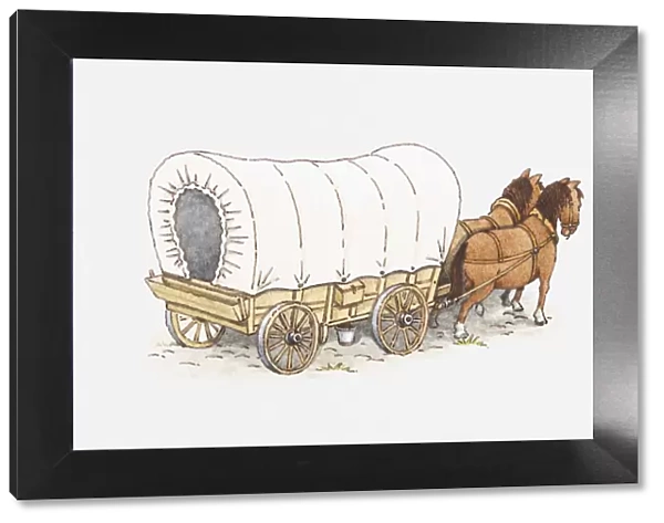 Illustration of pair of horses pulling a covered wagon