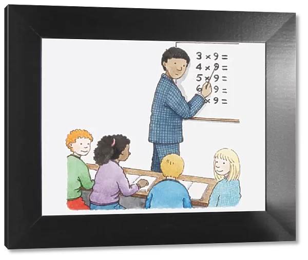 Illustration of teacher pointing at simple multiplication exercises in front of a group of schoolchildren