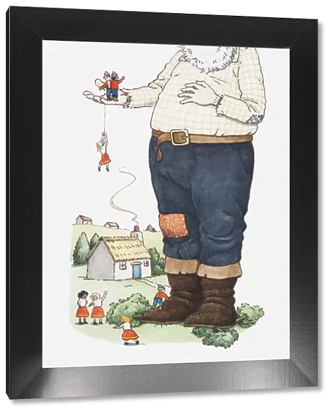 Illustration of a giant with tiny people on his hand and to his feet