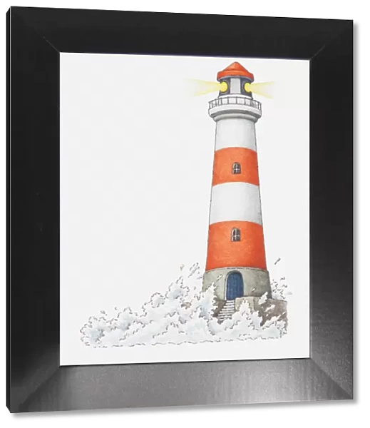 Illustration of waves splashing against a lighthouse