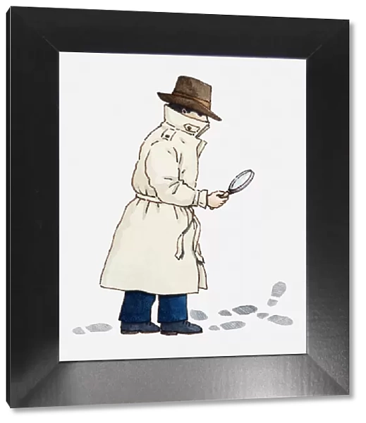 Illustration of a detective holding magnifying glass and looking at shoe prints on the ground