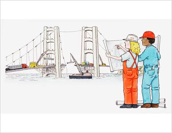 Illustration of two engineers looking at blueprint for bridge that is under construction in the background