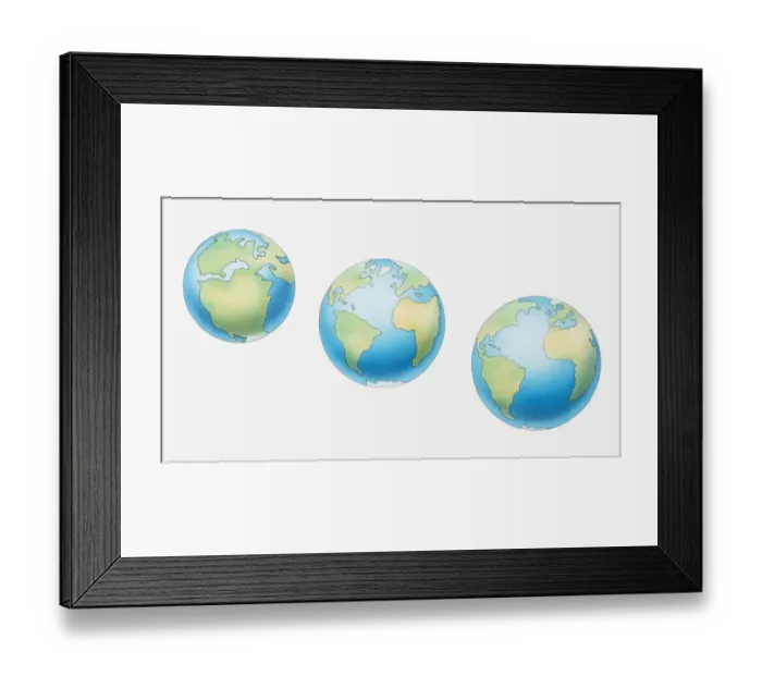 Framed Print : Illustration of three globes and development of continents, 200 million years ago, 50 million years ago, and present day Framed Print : Illustration of three globes and development of continents, 200 million years ago, 50 million years ago, and present day