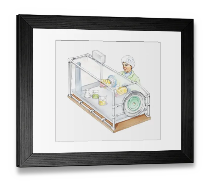 Framed Print : Illustration of laboratory worker handling radioactive materials through holes in a glass tank, and wearing protective clothing Framed Print : Illustration of laboratory worker handling radioactive materials through holes in a glass tank, and wearing protective clothing