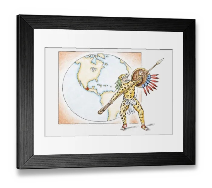 Framed Print : Illustration of Aztec Jaguar Warrior in front of map with ancient Aztec kingdom highlighted Framed Print : Illustration of Aztec Jaguar Warrior in front of map with ancient Aztec kingdom highlighted