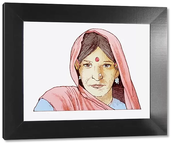 Illustration of woman wearing headscarf and bindi on her forehead