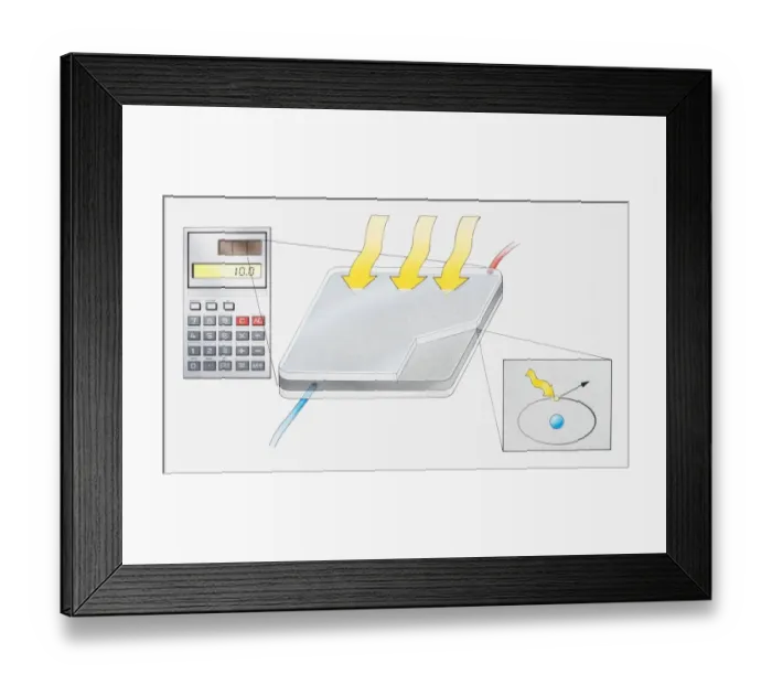 Framed Print : Illustration of how a solar-powered calculator works, photon giving energy to an electron in a silicon atom, electron then flies out and joins with others to make electric current Framed Print : Illustration of how a solar-powered calculator works, photon giving energy to an electron in a silicon atom, electron then flies out and joins with others to make electric current