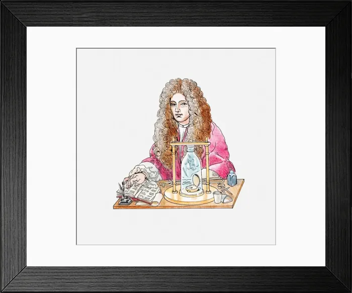 Framed Print : Illustration of Robert Boyle conducting experiment, showing that sounds are carried by air Framed Print : Illustration of Robert Boyle conducting experiment, showing that sounds are carried by air