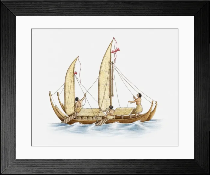 Framed Print : Illustration of Polynesians on a boat