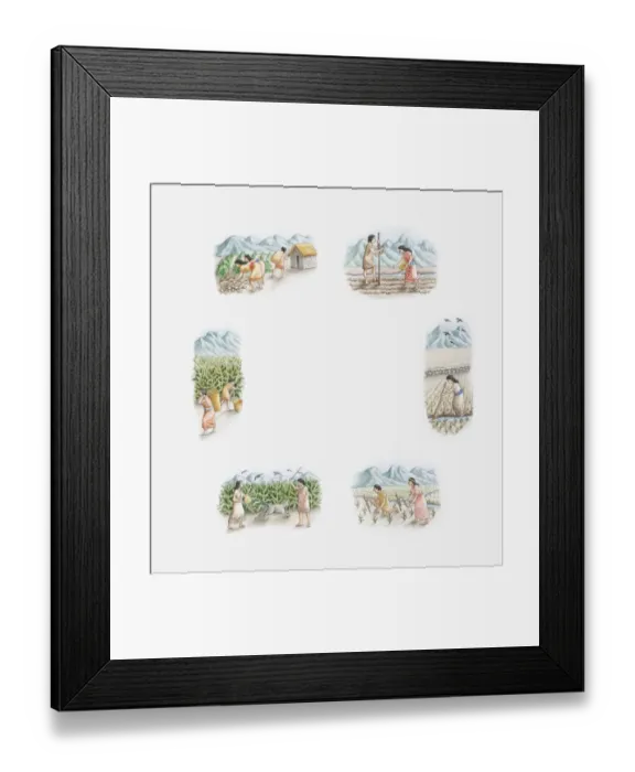 Framed Print : Illustration of Incas cultivating maize and potatoes, spring, summer, autumn and winter Framed Print : Illustration of Incas cultivating maize and potatoes, spring, summer, autumn and winter