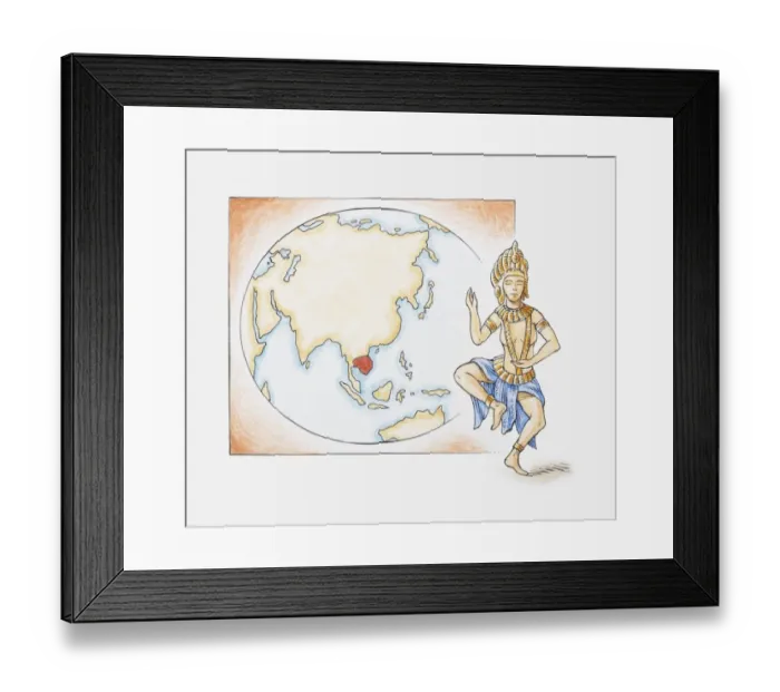 Framed Print : Illustration of celestial dancer Apsara in front of map highlighting ancient kingdom of the Khmers