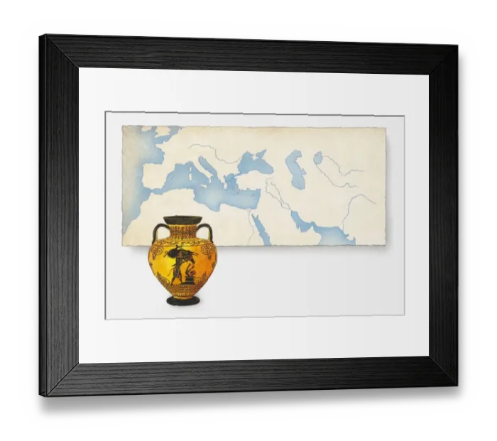 Framed Print : Illustration of ancient Greek urn in front of map showing the wider area where Greek pottery has been found Framed Print : Illustration of ancient Greek urn in front of map showing the wider area where Greek pottery has been found
