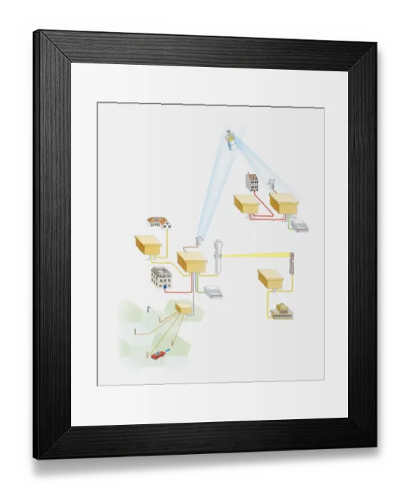 Framed Print : Illustration of telecommunications system steered by a satellite Framed Print : Illustration of telecommunications system steered by a satellite