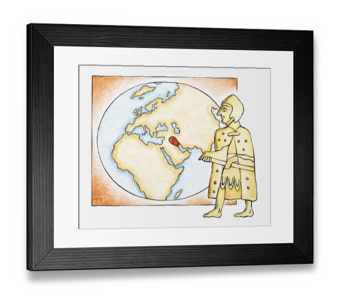 Framed Print : Illustration of ancient Sumerian next to a map highlighting ancient Sumer Framed Print : Illustration of ancient Sumerian next to a map highlighting ancient Sumer