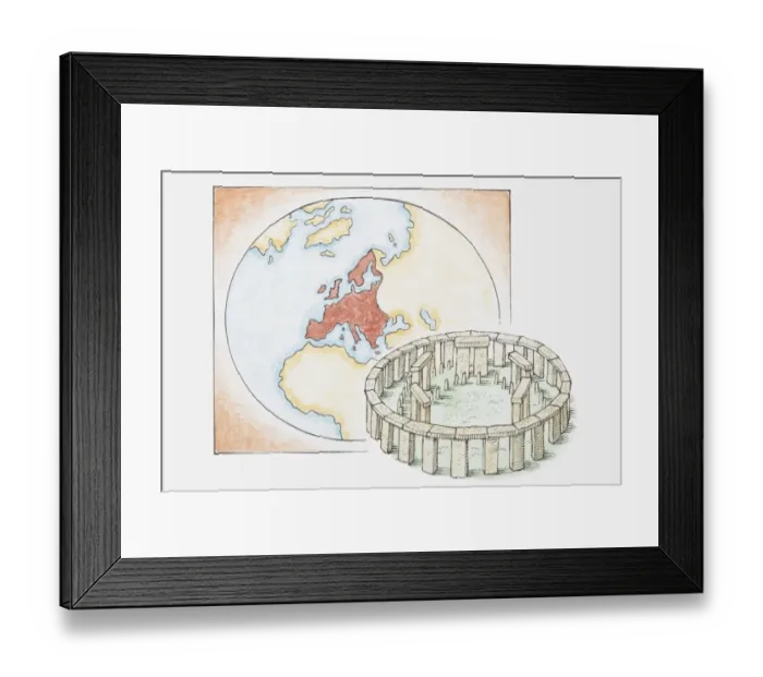 Framed Print : Illustration of ancient stone circle in front of a map of Europe Framed Print : Illustration of ancient stone circle in front of a map of Europe