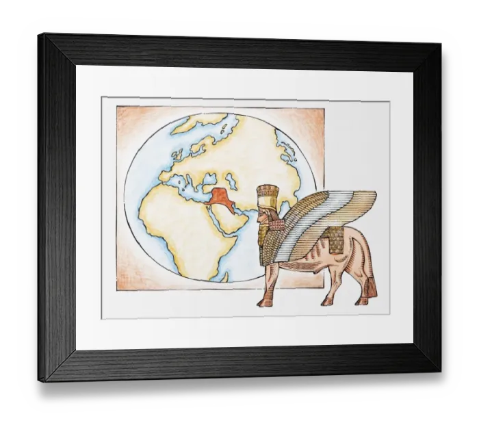 Framed Print : Illustration of Assyrian winged bull and map highlighting territory of ancient Assyria Framed Print : Illustration of Assyrian winged bull and map highlighting territory of ancient Assyria