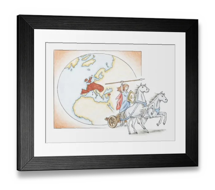 Framed Print : Illustration of Queen Boudicca on chariot in front of map showing Celtic territories across Europe