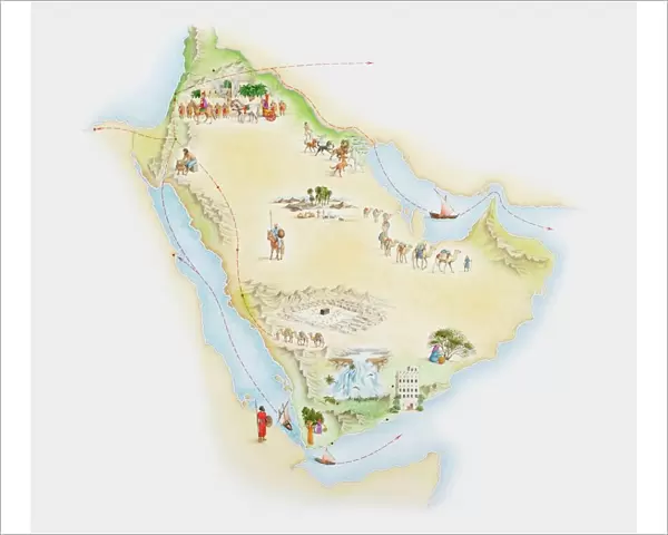Illustrated map of ancient Arab trade routes and pilgrimage sites