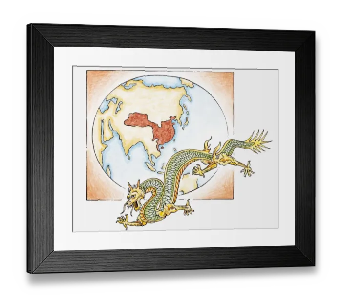 Framed Print : Illustration of Chinese dragon in front of map of China c. AD626 in the era of the T ang dynasty Framed Print : Illustration of Chinese dragon in front of map of China c. AD626 in the era of the T ang dynasty