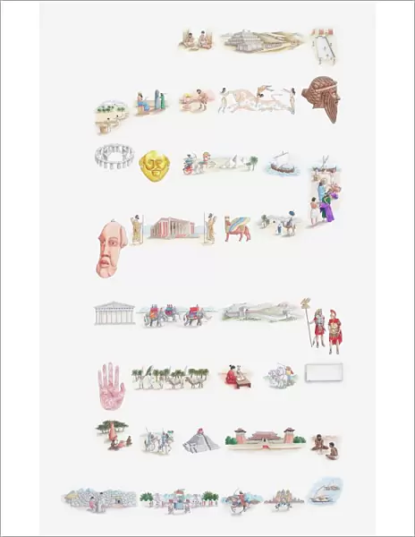 Illustration of people, customs, artefacts, monuments from ancient civilisations and indigenous cultures around the world, including Ancient Egypt, Ancient Greece, Persia, Phoenicia, Inca, Maya, Aztec