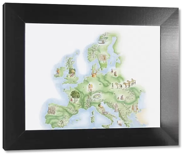 Illustrated map of Bronze Age civilisations across Europe, showing stone circles, settlements, agricultural activity