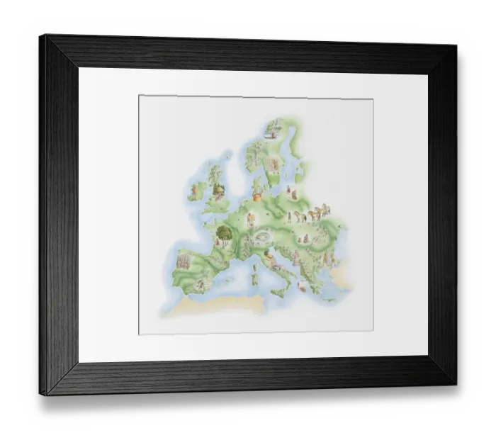 Framed Print : Illustrated map of Bronze Age civilisations across Europe, showing stone circles, settlements, agricultural activity Framed Print : Illustrated map of Bronze Age civilisations across Europe, showing stone circles, settlements, agricultural activity