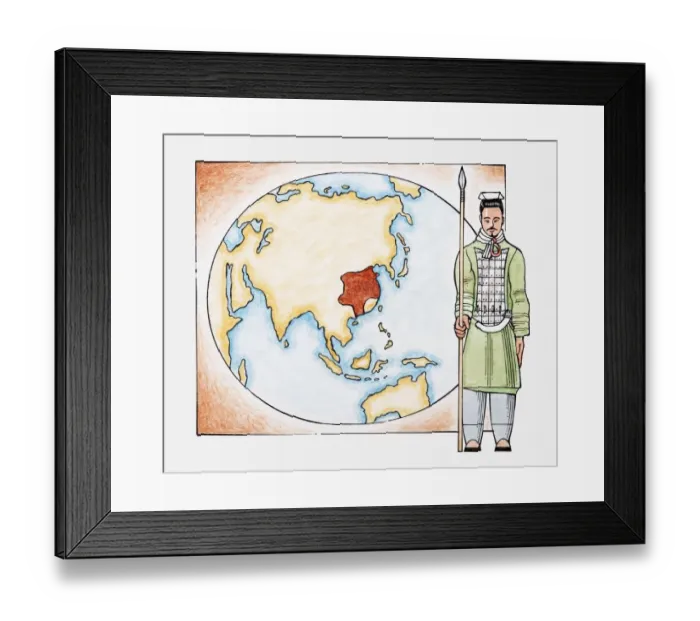 Framed Print : Illustration of ancient Chinese warrior in front of a map of China Framed Print : Illustration of ancient Chinese warrior in front of a map of China