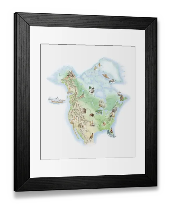 Framed Print : Illustrated map of North America showing indigenous people and wildlife Framed Print : Illustrated map of North America showing indigenous people and wildlife