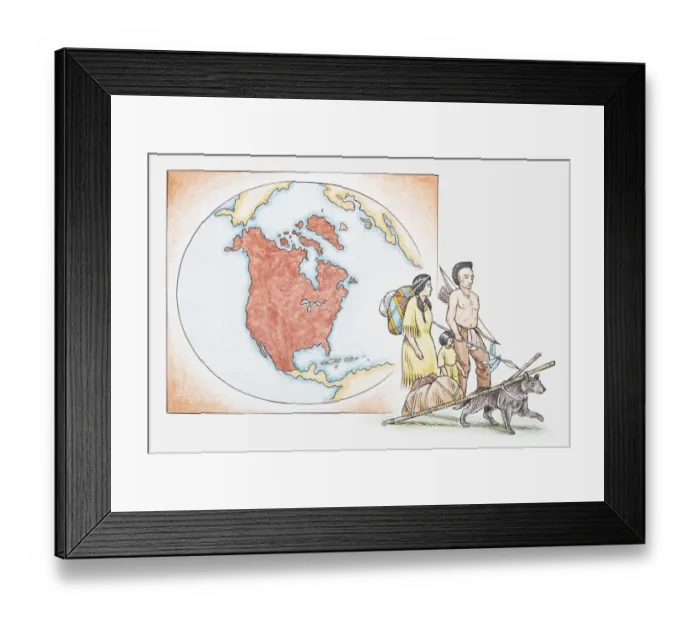 Framed Print : Illustration of American Indian family in front of a map of North America Framed Print : Illustration of American Indian family in front of a map of North America