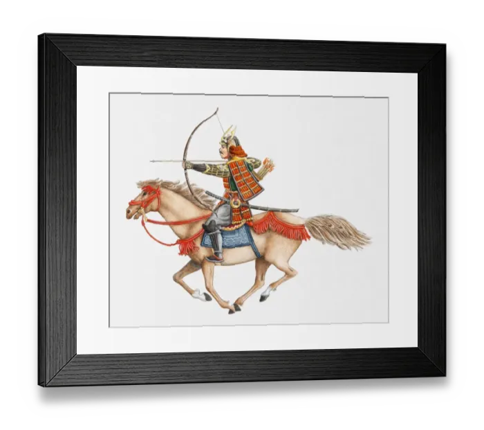 Framed Print : Illustration of early Samurai warrior on horseback, side view Framed Print : Illustration of early Samurai warrior on horseback, side view